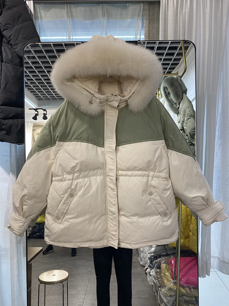 

Winter style Winter Women Hooded Big Real Fur Collar White Duck Down Short Jacket Spliced Color Loose Warm Down Coat Snow