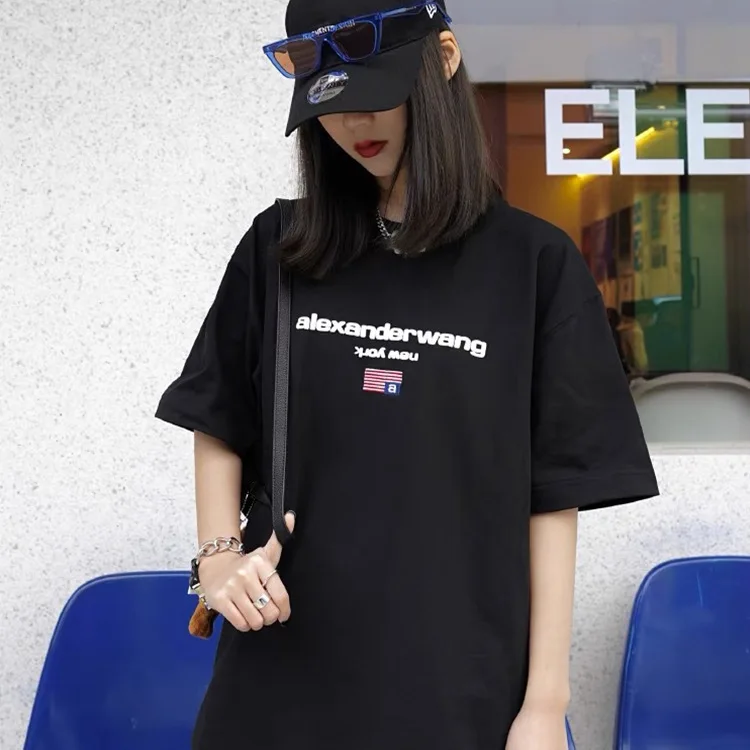 

WANG 2021 AWspring and summer new letter flag embroidery printing foam short-sleeved T-shirt loose tide men and women