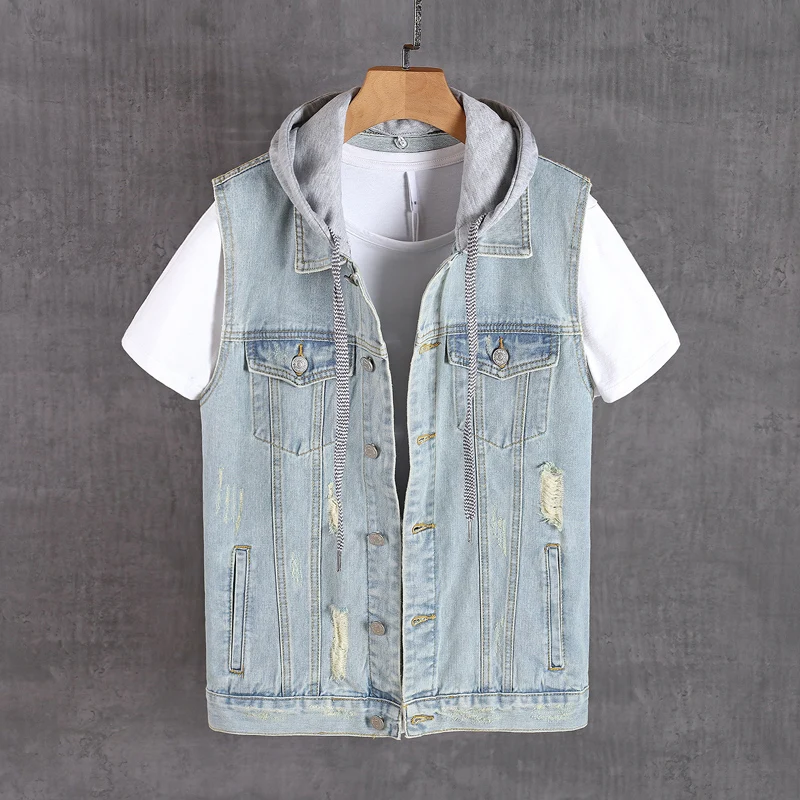 Модный мужской жилет в британском стиле ретро-светильник синий рваный джинсовый