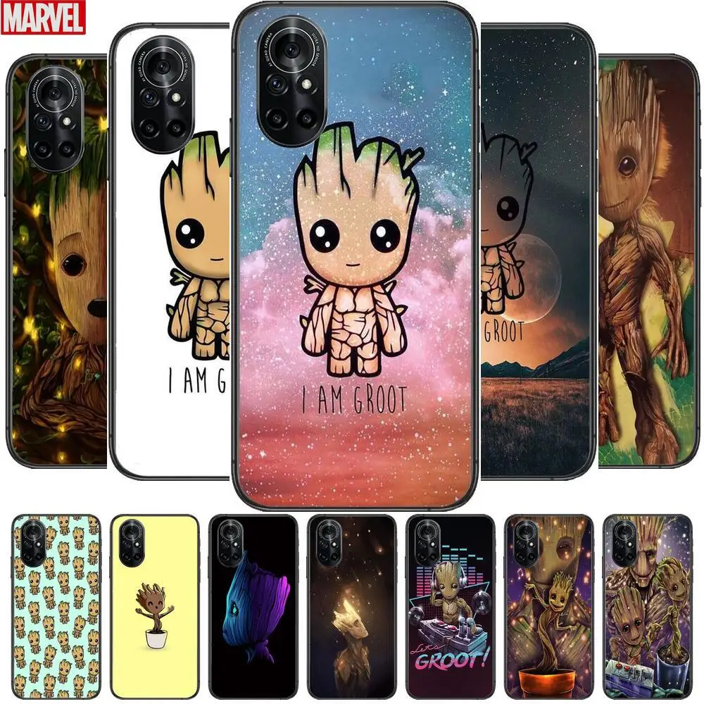 

Groot Cartoon Clear Phone Case For Huawei Honor 20 10 9 8A 7 5T X Pro Lite 5G Black Etui Coque Hoesjes Comic Fash design