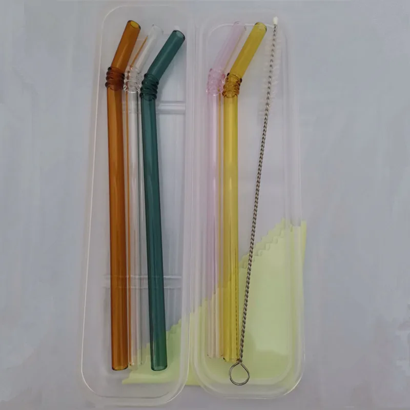 5pcs with box Стекло соломинкой многоразовые 5 шт./компл. Colorled Стекло соломы Чай молоко сок соломенная шляпа с мешок коробка изогнутые Стекло набор соломинок - Цвет: 5pcs with box