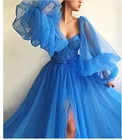 Синие Дубай Вечерние платья Длинные Сексуальные с разрезом v-образным вырезом бисером официальное платье из тюли для вечеринки халат Дешевое длинное вечернее платье
