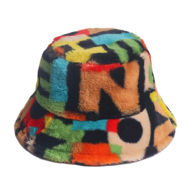 

2021 New Outdoor Multicolor Rainbow Faux Fur Letter Pattern Bucket Hats Women Winter Soft Warm Gorros Mujer