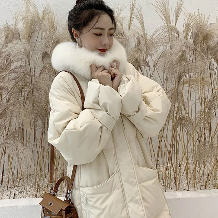 

Down cotton padded jacket women's Korean version loose 2021 winter new medium and long cotton padded jacket large wool collar
