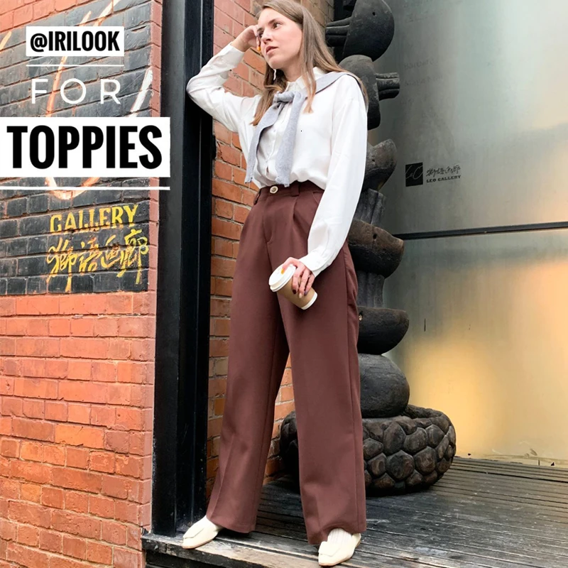 Свободные брюки с высокой талией женские широкие осень 2019 pantalones сплошной цвет