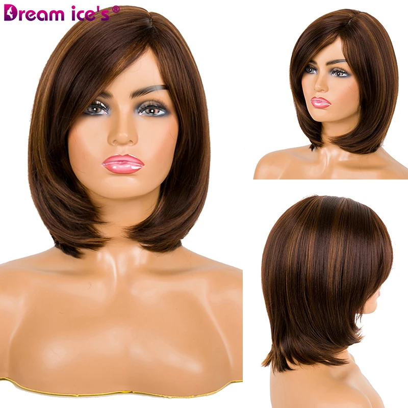 Synthetic Medium Straight Layered Bob Wig Ombre Brown Blonde Hair Middle Part For Women Heat Resistant Cosplay Wig Dream Ice's