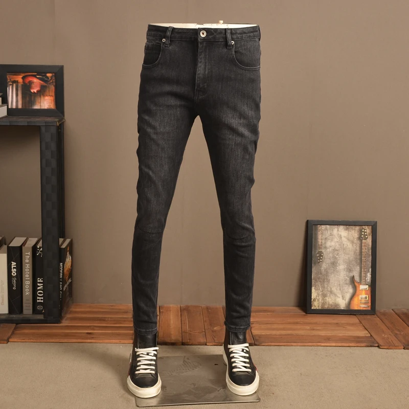Autumn Men Black Jeans Fashion Korean Style Knee Ripped Holes Slim Fit Pencil Pants