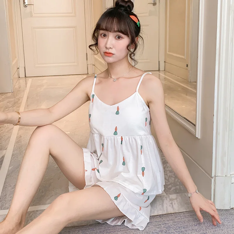 

Radish Pajamas Women's Summer Pure Cotton Korean Style Fresh Sling Shorts Suit Thin Student Home Wear with Chest Pad