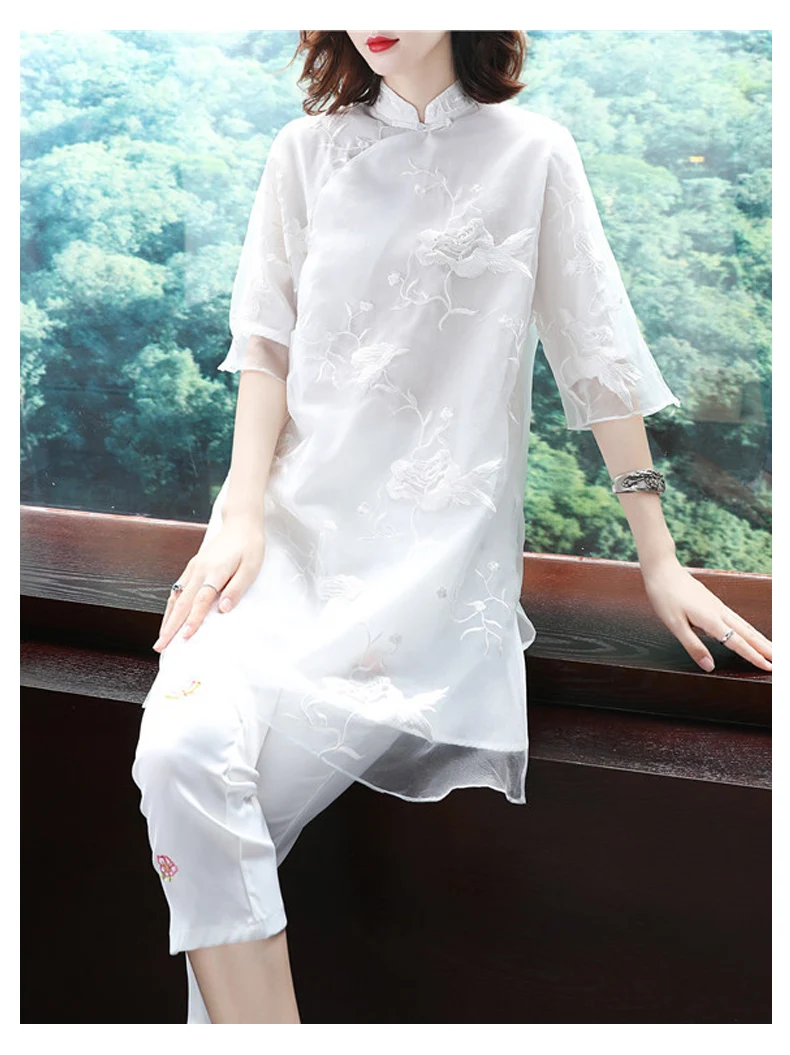 Цветочная вышивка cheongsam рубашка qipao Топ Половина рукава Китайский традиционный Топ Блузка для женщин кружевной Шелковый китайский топ