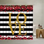 Роза, романтический День Святого Валентина, красные, цветочные, черные и белые полосы, золотые, любовь, текстовые буквы, занавески для ванной комнаты