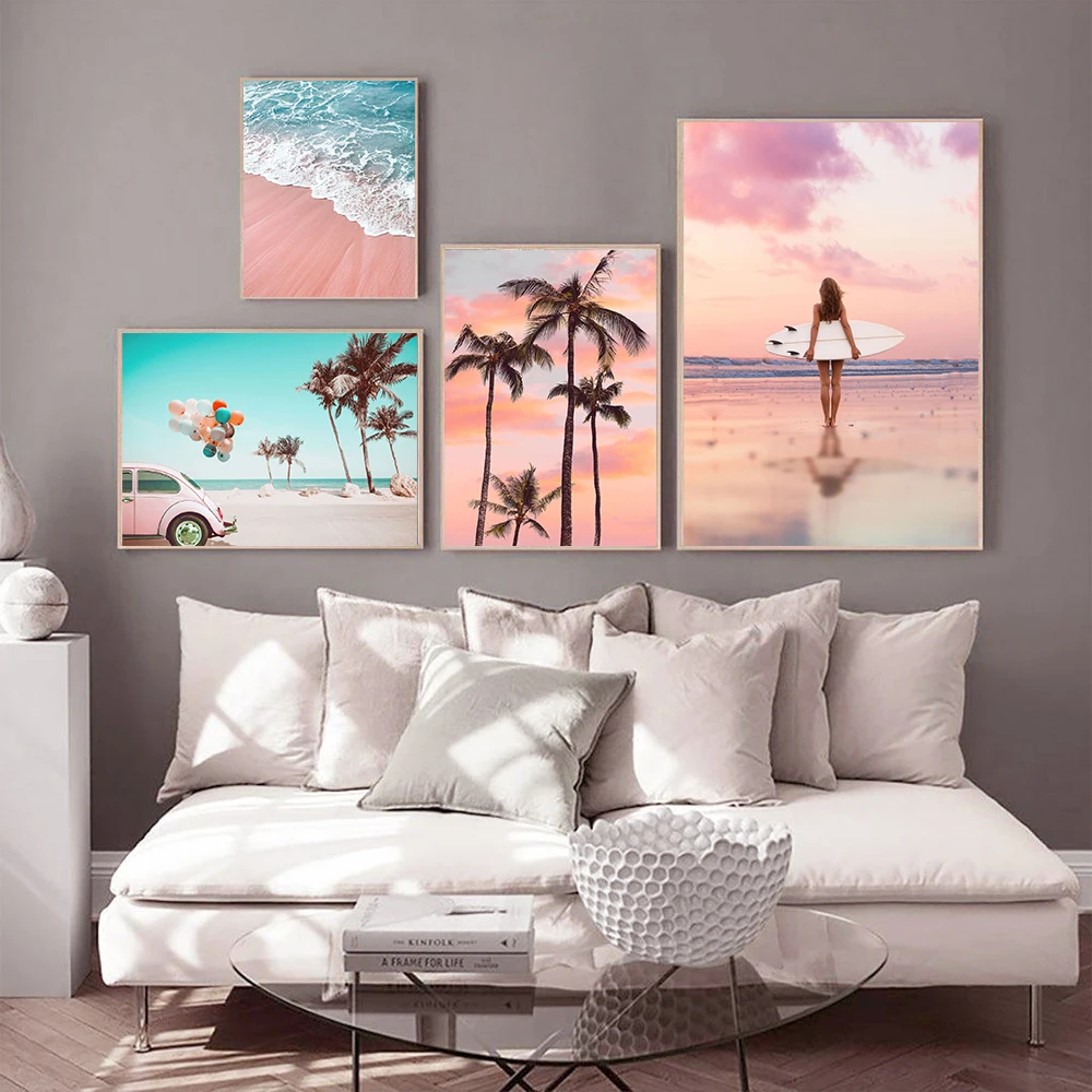 

Scandinavian Tropical Landscape Posters Modern Prints Sea Beach Bus Palm Tree Wall Art Canvas Painting Nordic Decoration Picture