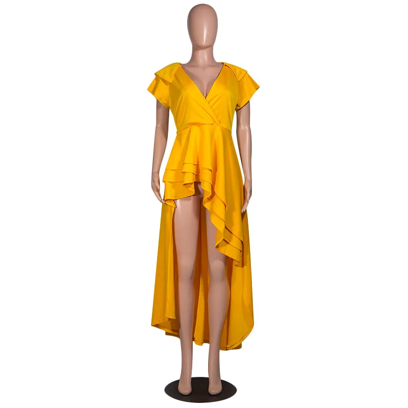 Женское платье с асимметричными оборками v-образным вырезом короткими рукавами