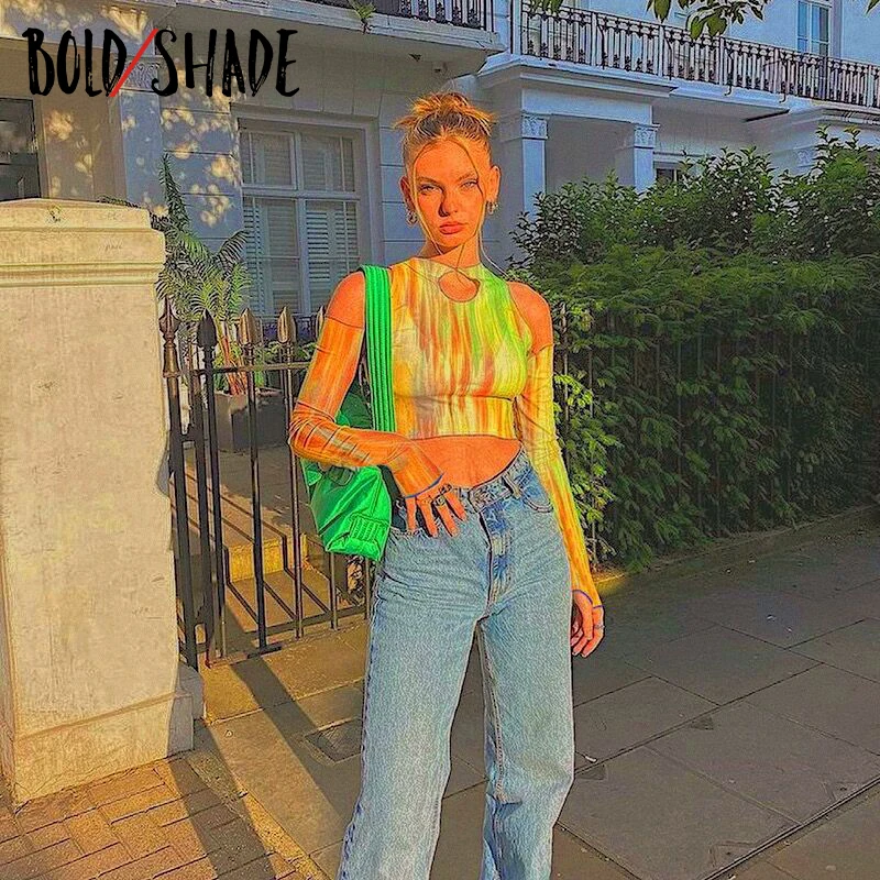 

Bold Shade 90s Indie Colorblocking T Shirt Printing Streetwear Fashion Y2K Vintage Tee Hollow Out Sexy Skinny Long Sleeve Tops