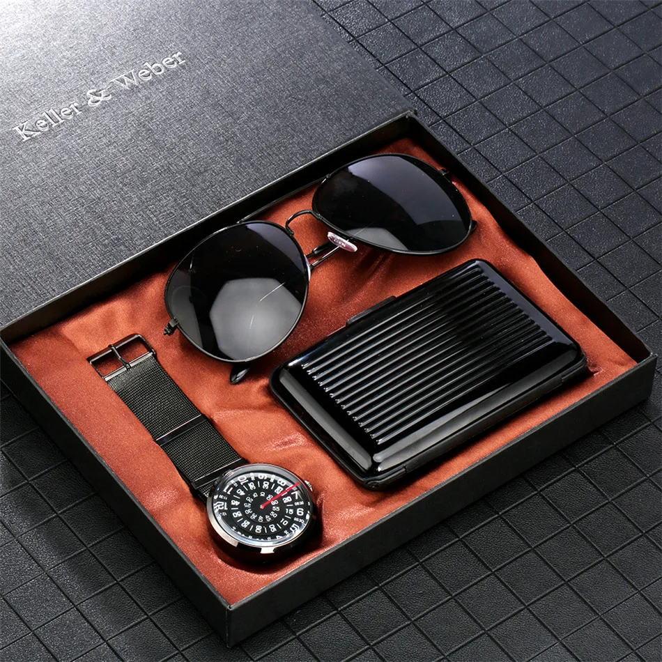 

Men Watch Sets with Sunglasses Business Credit Card Holder Box Casual Quartz Wristwatch Gifts for Male
