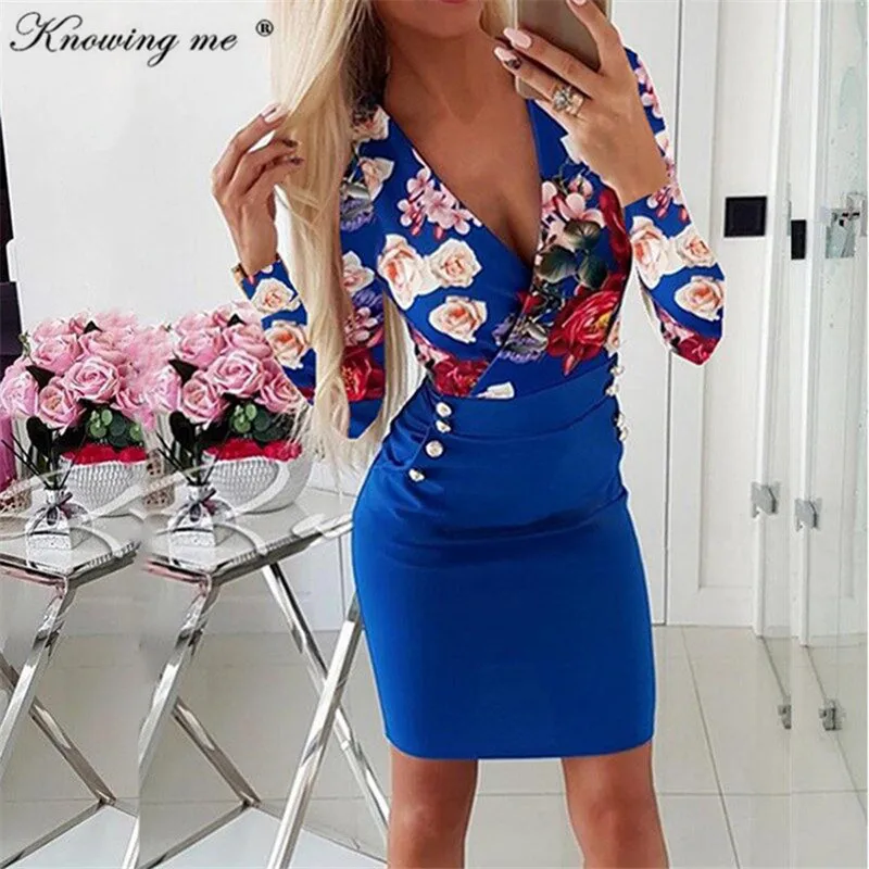 5XL Осень Длинные рукава Цветочный принт детское платье на пуговицах; Для женщин сексуальный глубокий v-образный вырез облегающее платье женский зимний Тонкий Карманы вечерние мини-платье