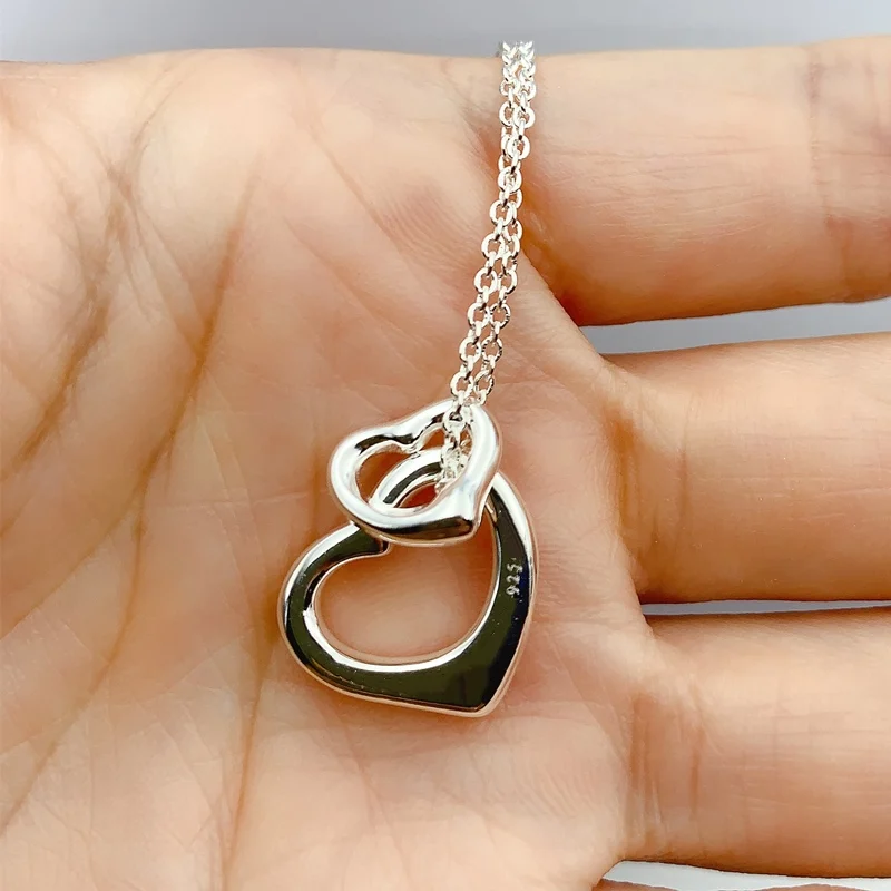 

1: 1Tiffon 925 Sterling Silver Double OpenHeart-Shaped Romance Fascinating NecklaceLadies Logo Hot Sell Jewelry Valentine Gift