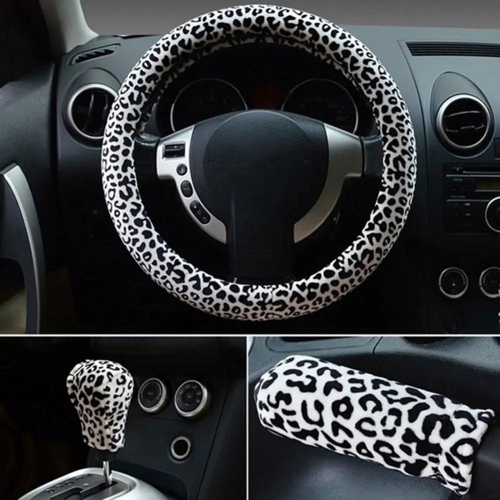 

3Pcs 38cm Winter Leopard Print Car Steering Wheel Hand Brake Shifter Cover Set Interior Accessories