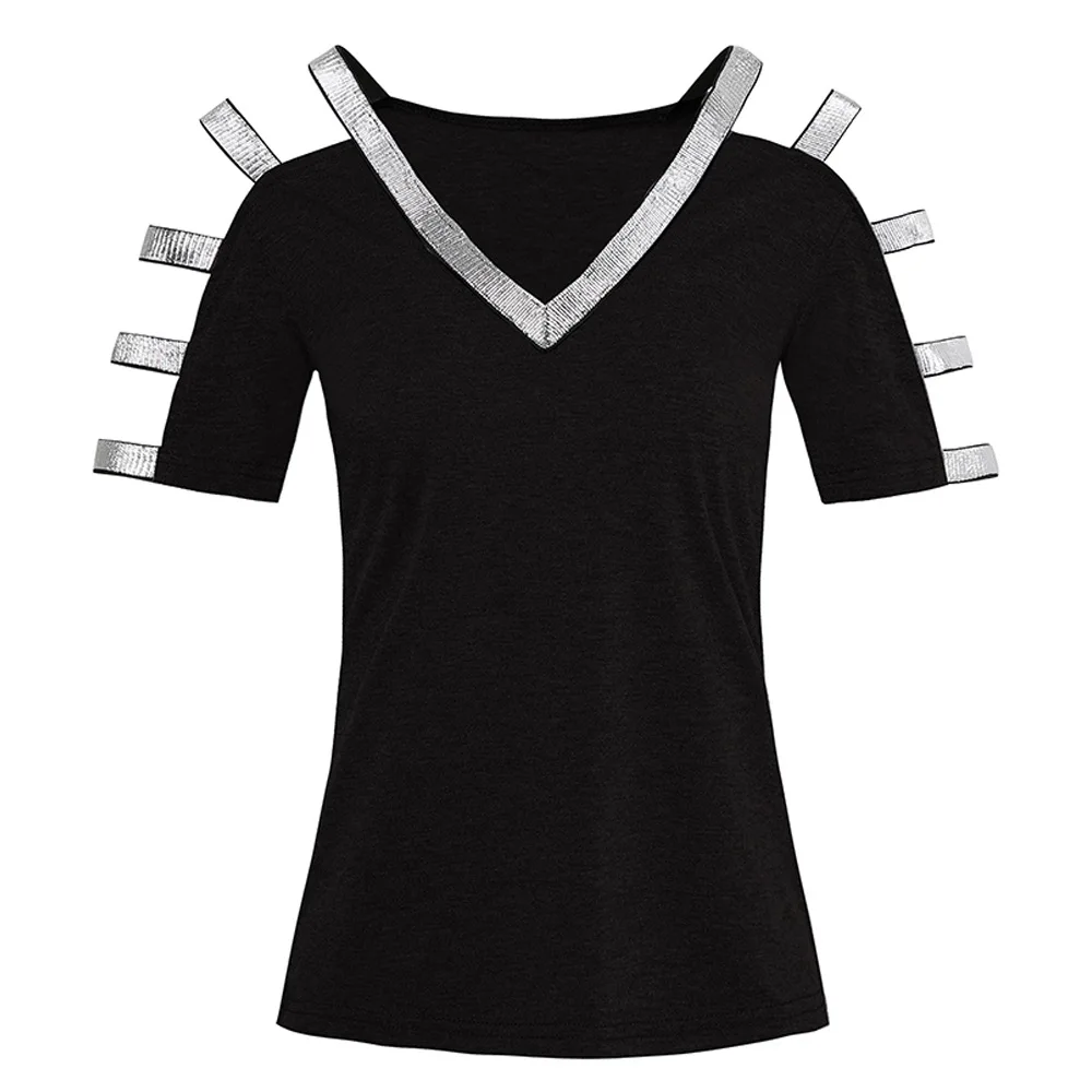 

2021 Cross-border new European and American women's explosions sexy knit top off-the-shoulder V-neck short-sleeved T-shirt
