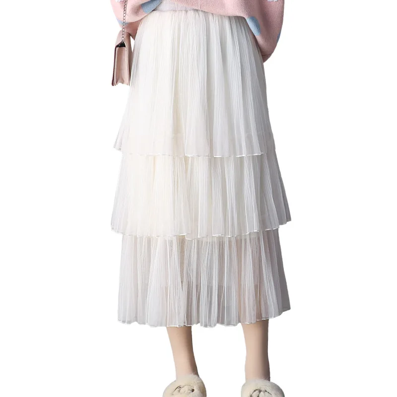 

2020 New Style Skirt Women's Mid-length Pleated Three Layer Cake Fairy Skirt Mesh kawaii plaid white black skirt