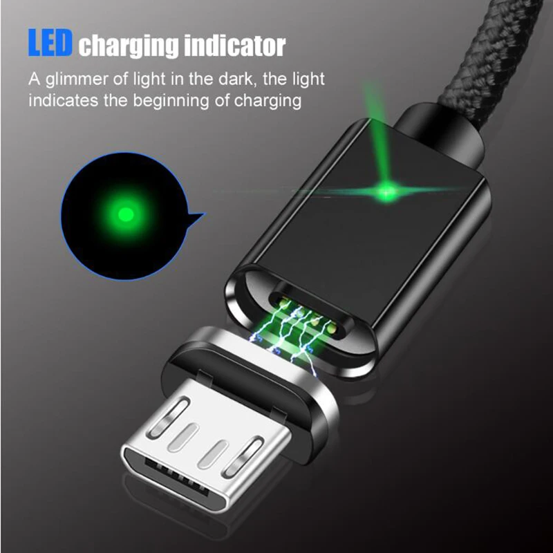 3A светодиодный магнитный кабель usb type-C для iPhone X, XR, 8, 7 Plus, Micro USB плетеные провода для samsung, Xiaomi, магнитный кабель для зарядного устройства