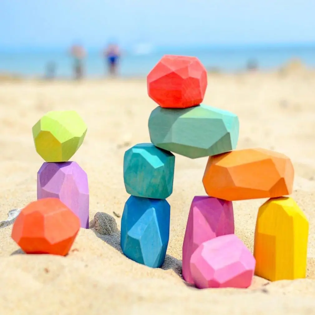 

Children's Wooden Colored Stone Jenga Building Block Educational Toy Creative Nordic Style Stacking Game Rainbow Wooden Toy Gift