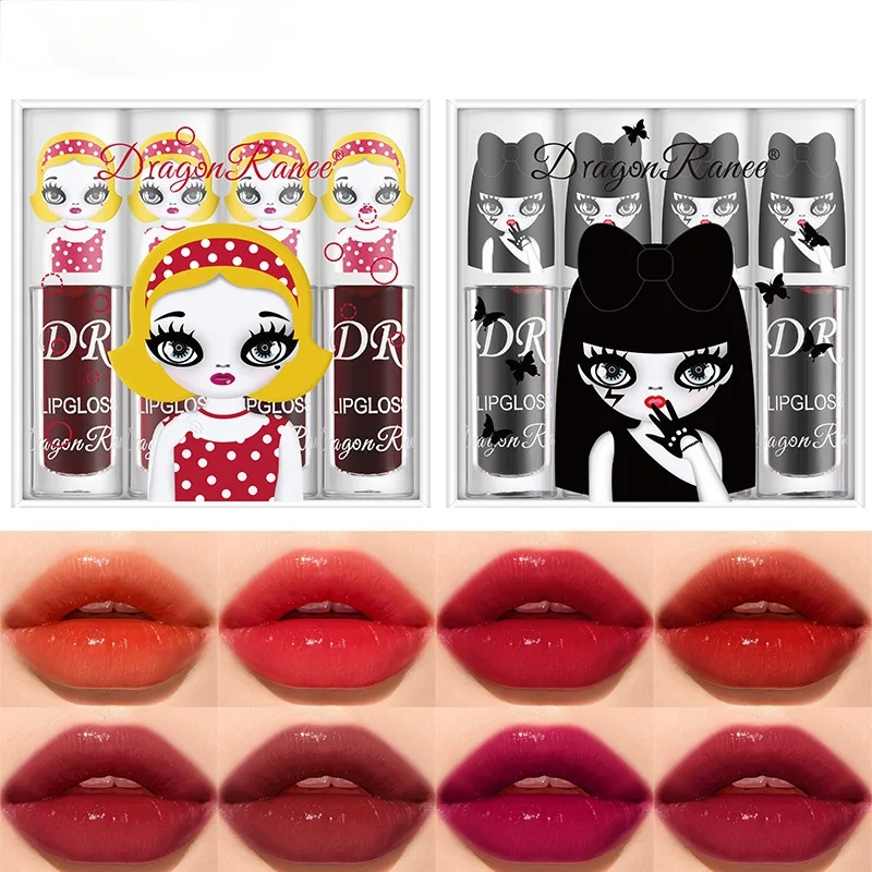 

4pcs Set Lovely Lip Gloss Dye Set Box Mirror Water Glass Lipstick Berry Color Female Lipstick Lip Glaze Wholesale Lipgloss Z004