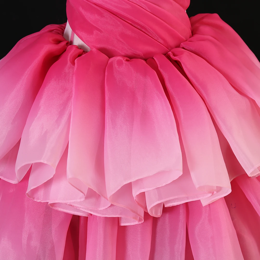 Strapless pink ruffle Evening Dress  Party dress with Sweep Train A-line Long cake dress lace up evening gown