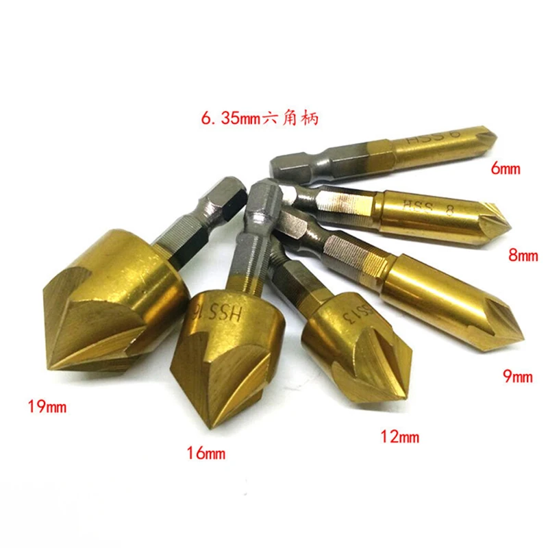 

6pcs HSS Chamfer Countersink Chamfer Drill Bit 1/4" Hex Shank 90 Degree Wood Chamfering Cutter 6mm-19mm