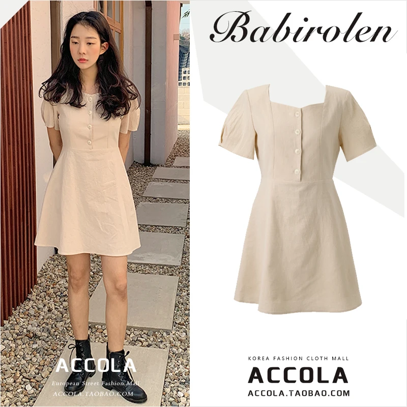 

French Minority Girls' Retro Square Collar Slimming Belly-Covering Cotton and Linen Dress Temperament Goddess Style Western
