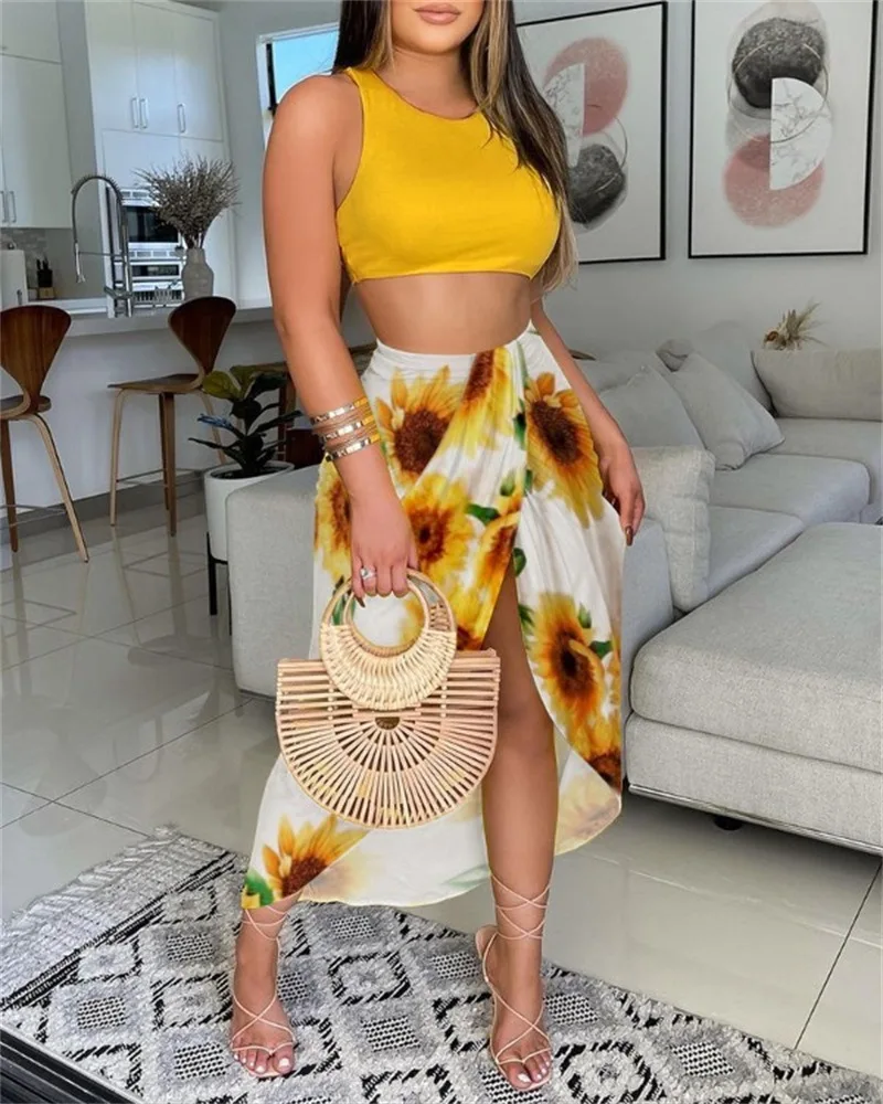

Custom Casual Solid color printed sundress Summer sexy beach crop top skirt plus size two piece skirt set