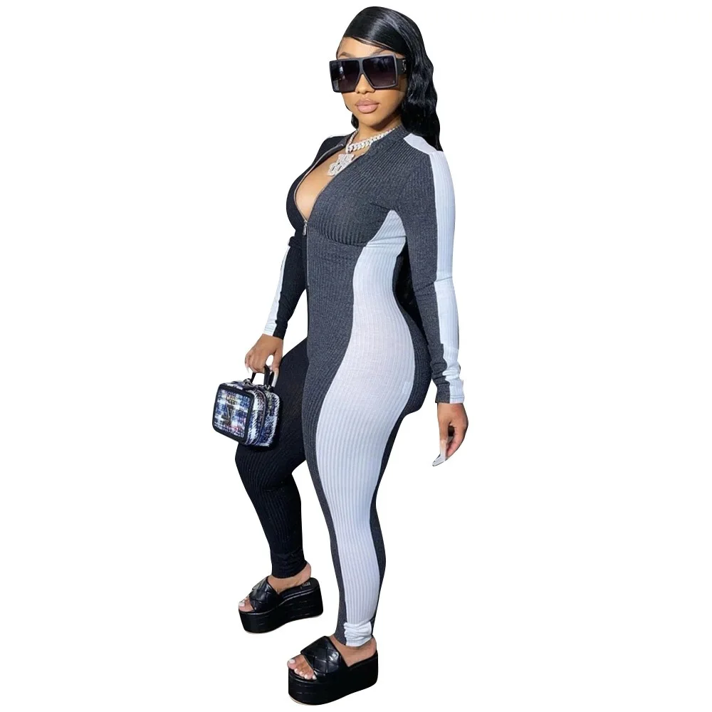 

Women Sexy Bodycon Jumpsuits Long Sleeve Turtleneck High Elasticity Zippers Bodysuit Print Raised Lines Pattern Outdoor Wear