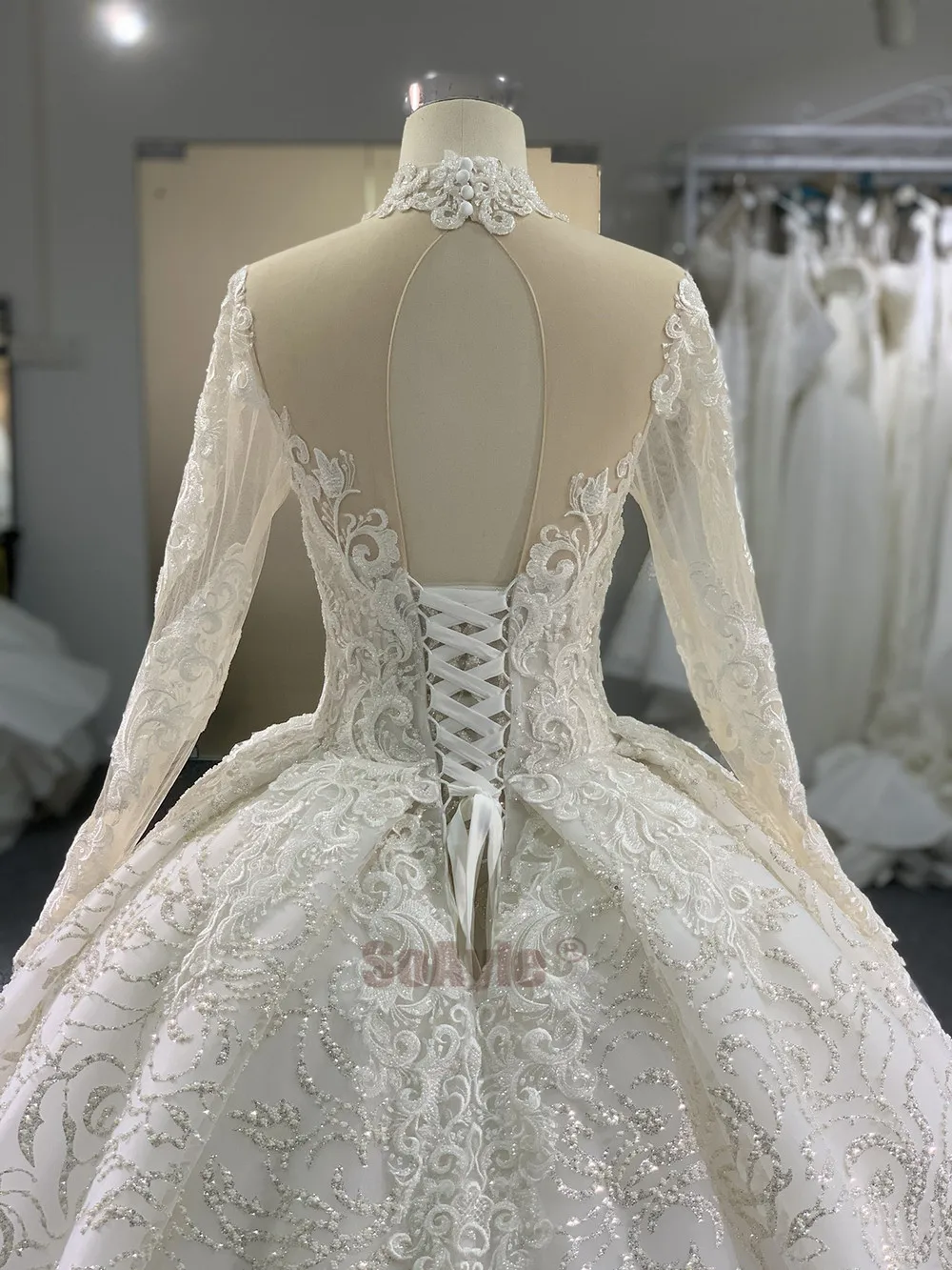 SoAyle High Neck Long Sleeves Lace Wedding Dress Heavy Beading Luxury Ball Gown Wedding Dresses for Women vestido de novia