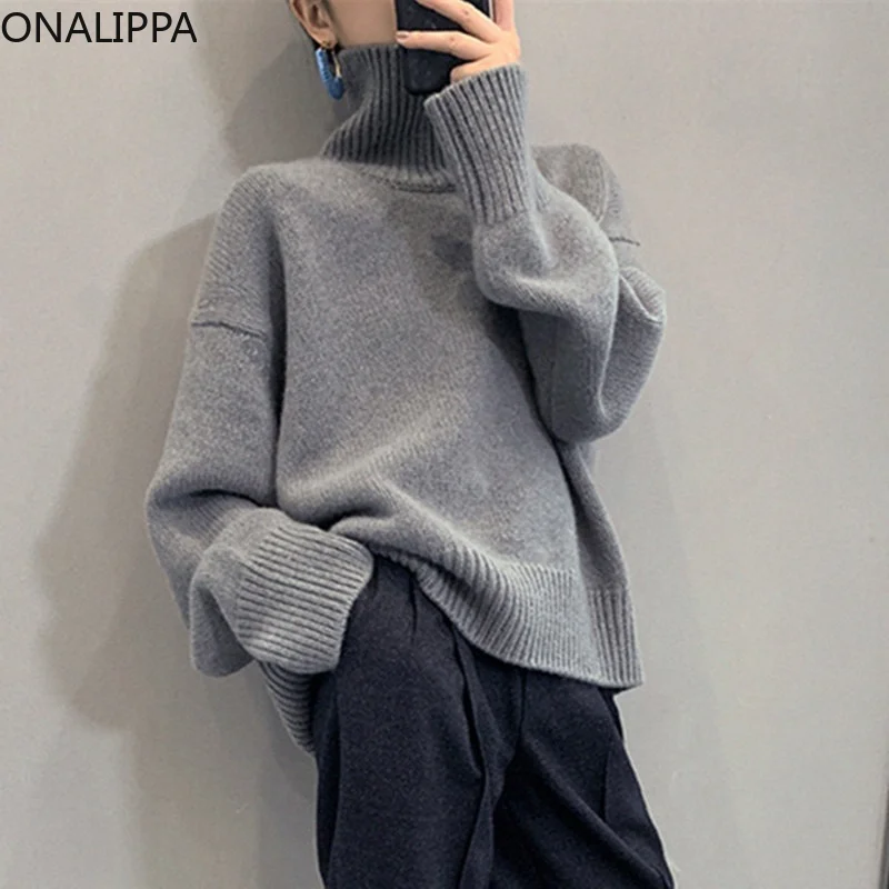 

ONALIPPA Sweater Women Turtleneck Autumn Winter Loose Lazy Style 2021 New Flat Stitch Thickened Inner Pullover Casual Tops Tide