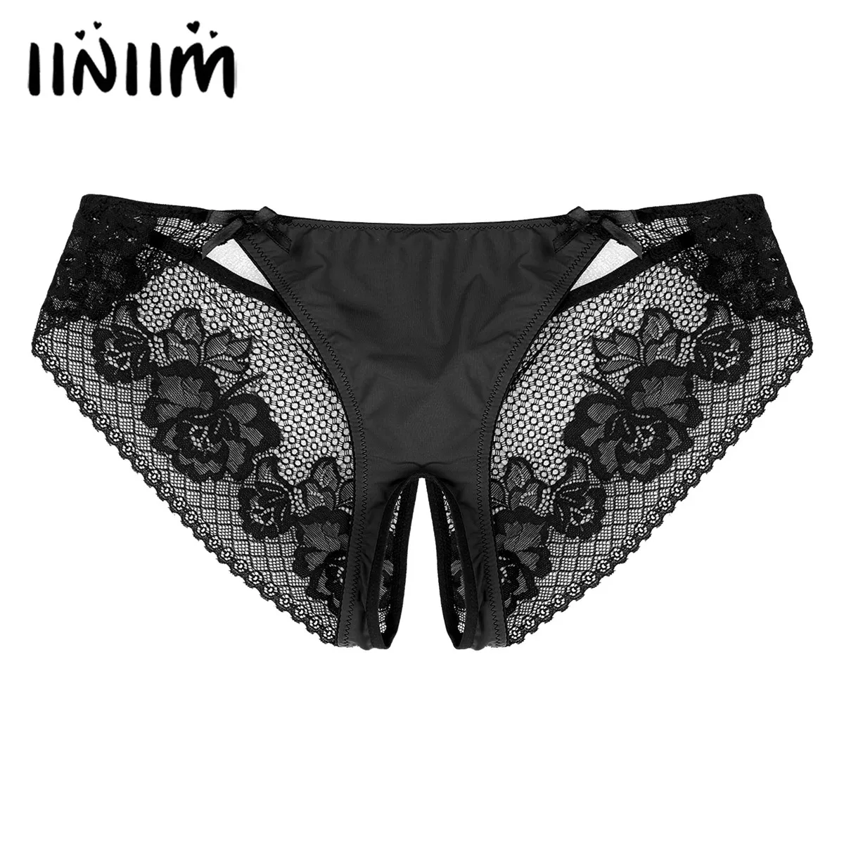 

Men Flower Pattern Lace Briefs Sexy Panties Open Crotch Briefs Sissy Gay Underwear Sexy Low Waist Bowknot Elastic Underpants
