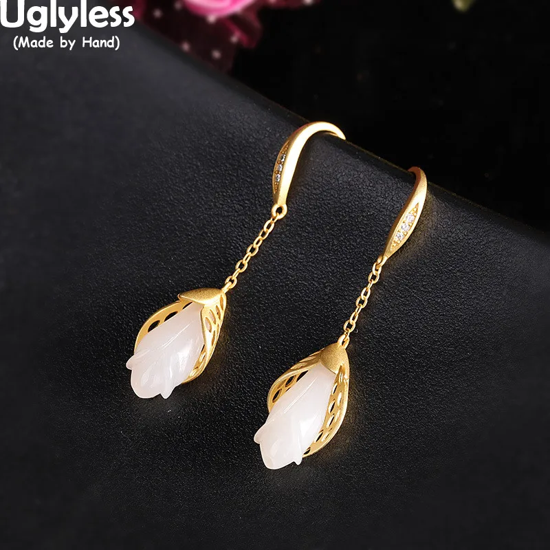 

Uglyless Thick Real Gold 925 Silver Earrings for Women Hetian Natural Jade Magnolia Jewelry Gemstones Floral Brincos Jewelry