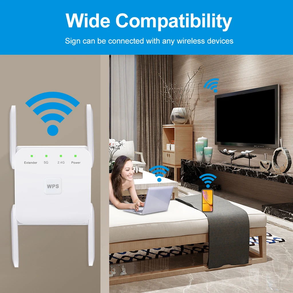 

1200Mbps 2.4G 5G Wireless Wifi Repeater 4 Antennas Signal Booster US Plug