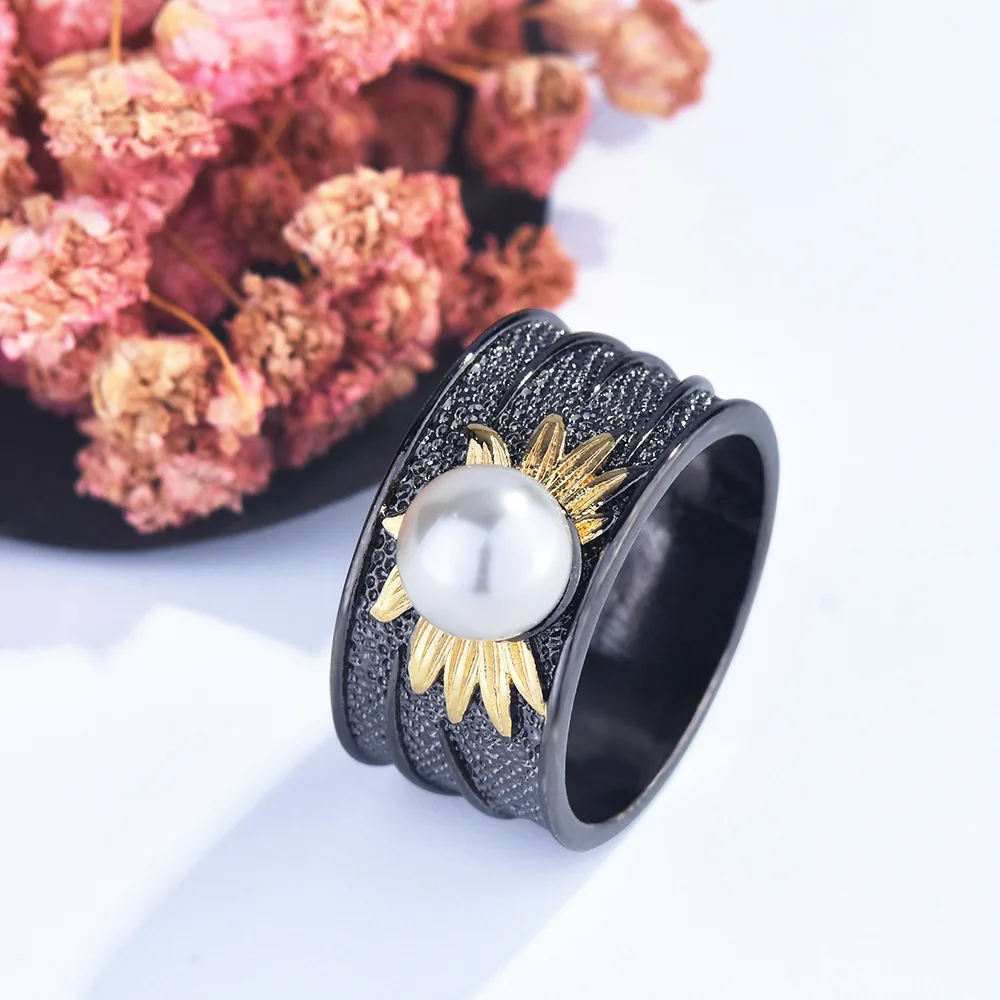 

New Gothic Style Black Color Pearls Sunflower Wide Rings For Women Wedding Party Engagement Jewelry Accessories Gift