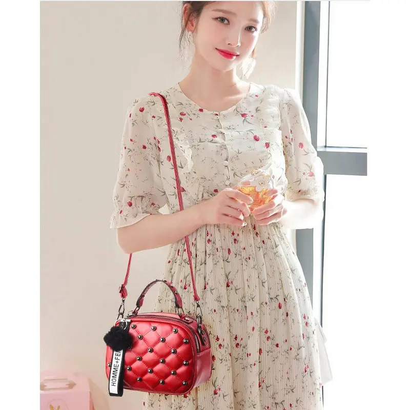 

Women Mini Wallet PU Leather Crossbody Bag Hair ball Pendant Shoulder Messenger Bag Ladies Small Flap Rivet Handbag Travel Purse