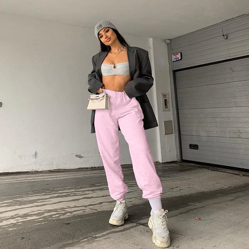 

Women Running Pants High Elastic Waist Casual Sweatpants Female Workout Clothes Solid Color Joggers Trousers with Side Pockets