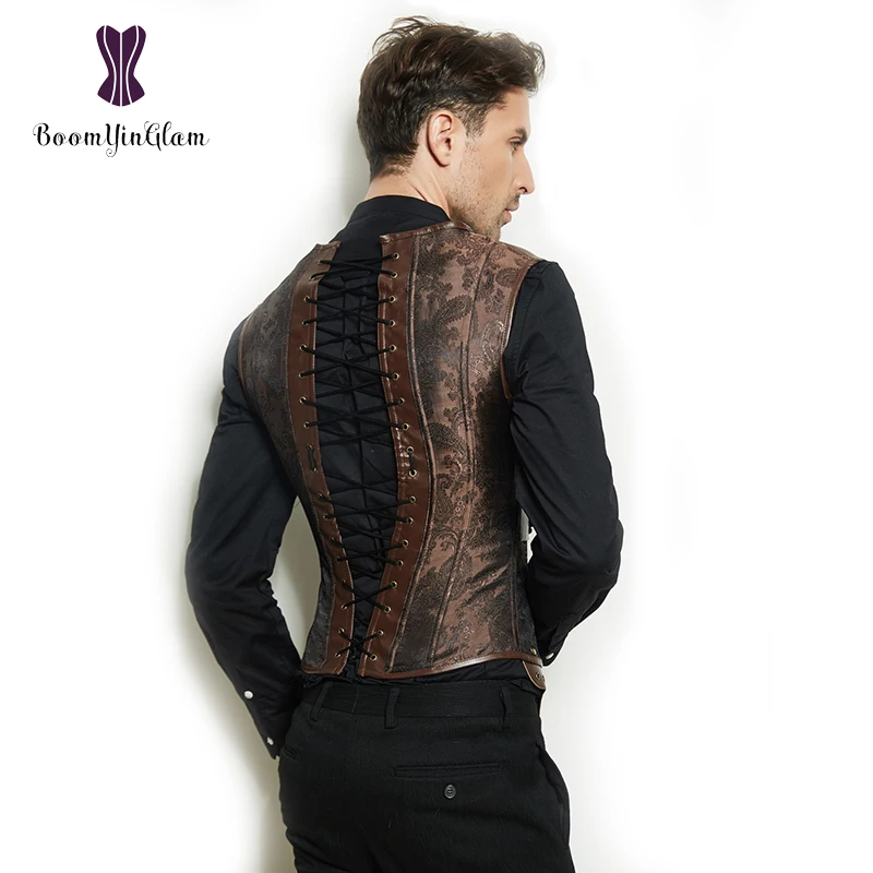 Темно коричневый мужской стимпанк Одежда из искусственной кожи жилет 12 стальных