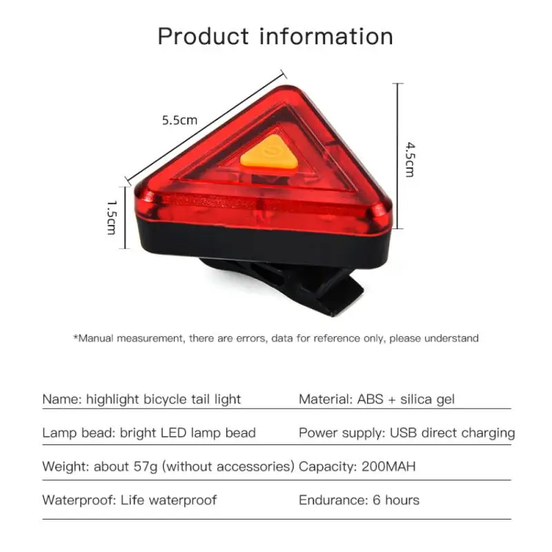 

USB Rechargeable Cycling Taillight Night Riding Safety Warning Lamp LED Bike Rear Light Triangle Bicycle Tail Light