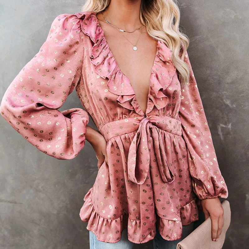 

Women Vintage Long Blouse Spring 2021 Print Deep V Neck Long Sleeve Ruffles Sashes Blouse Casual Sexy Female Tops Blusas