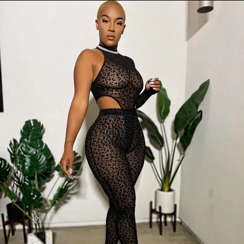 

Sexy Leopard Print Sheer Mesh Two Piece Set See Through One Shoulder Bodysuit Top + Pants Bodycon Night Club 2 Piece Set Outfits