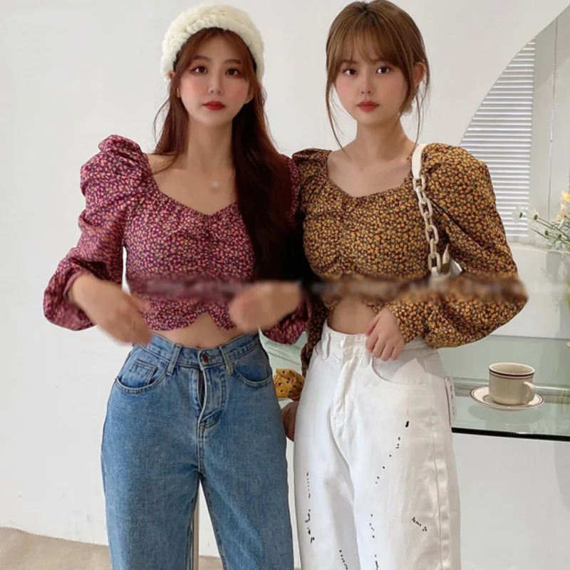 

Retro Floral Print Square Collar Sweet Women's Blouses Shirts Long Sleeves Sexy Navel Exposed Short Shirts Puff Sleeve Blouses