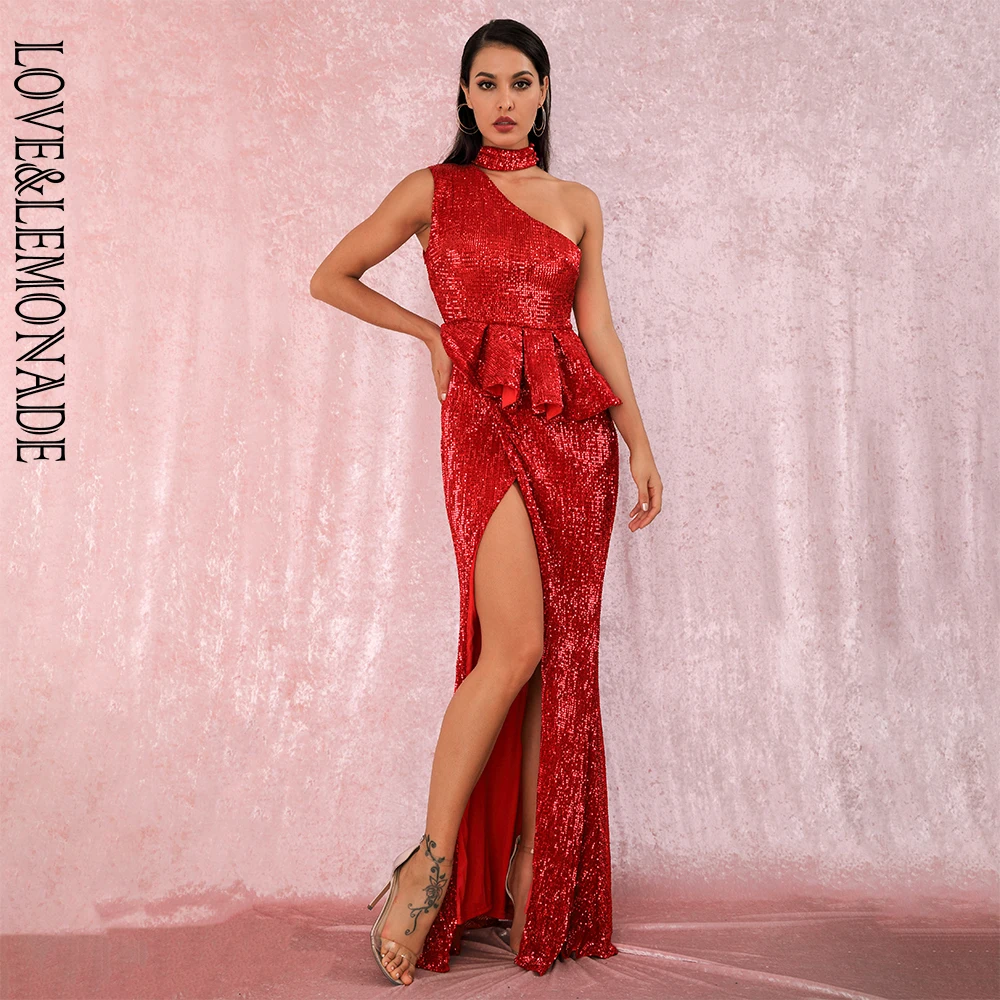 LOVE& LEMONADE A/W сексуальные красные Холтер без бретелек плечи Раффлед Сплит эластичные Блестки без рукавов вечерние платья макси LM81953