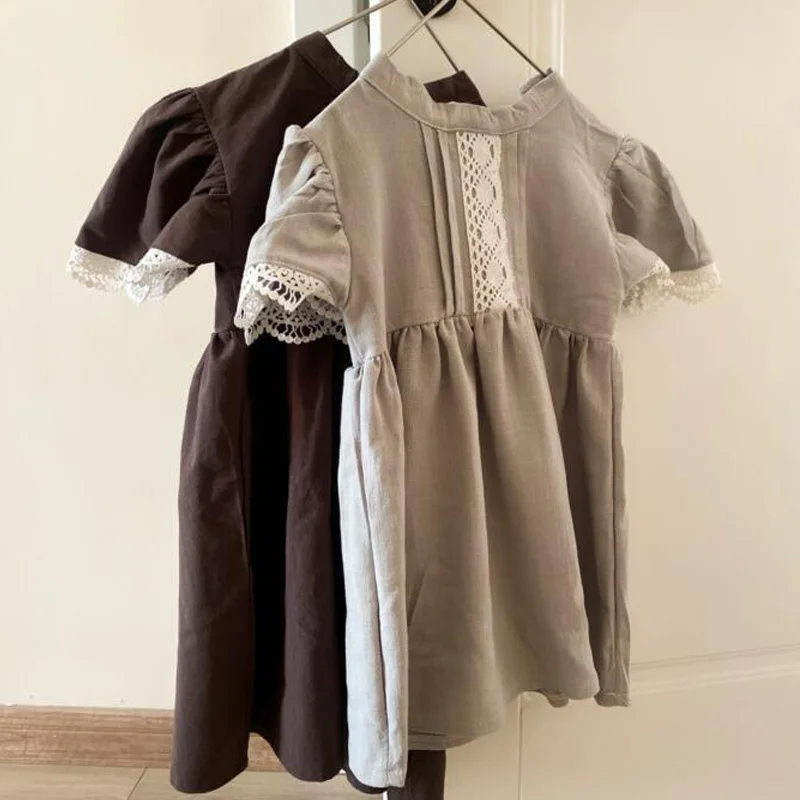 

2022 European And American Kids Dress For Girls Spring And Summer Cotton Linen Lace Flying Sleeve Princess Dress
