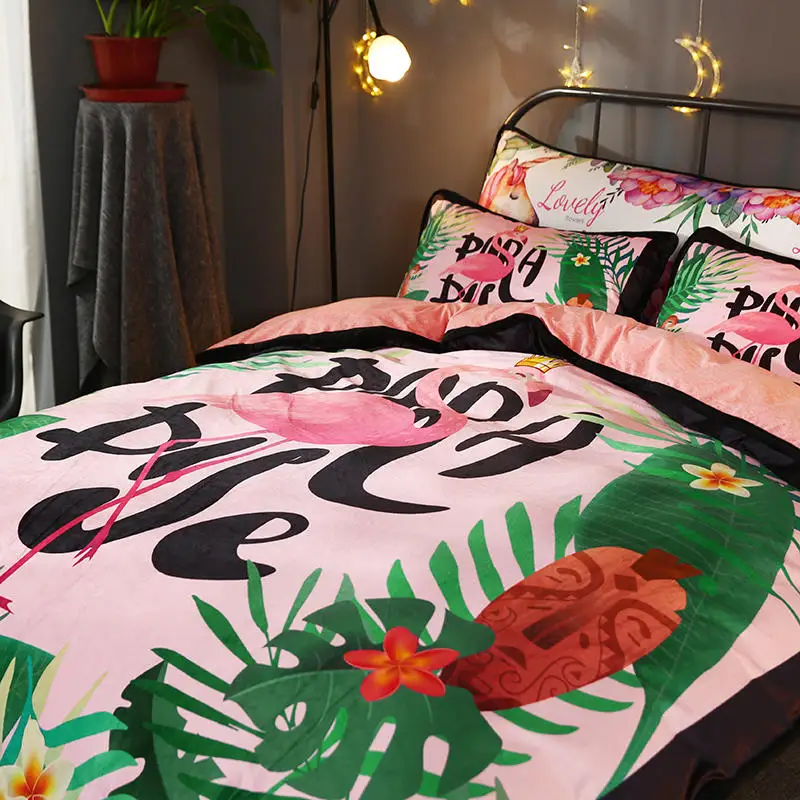 Flamingo Bedding Sets Waiting in the flowers Bed Set Cartoon Children Black edge bed linen Four piece set of single/double | Дом и сад