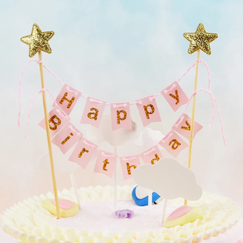 1Set Happy Birthday Cake Toppers Banner Flag Baby Shower Birthday Party Cupcake Topper Kids Girl Boy Birthday Cake Decorations