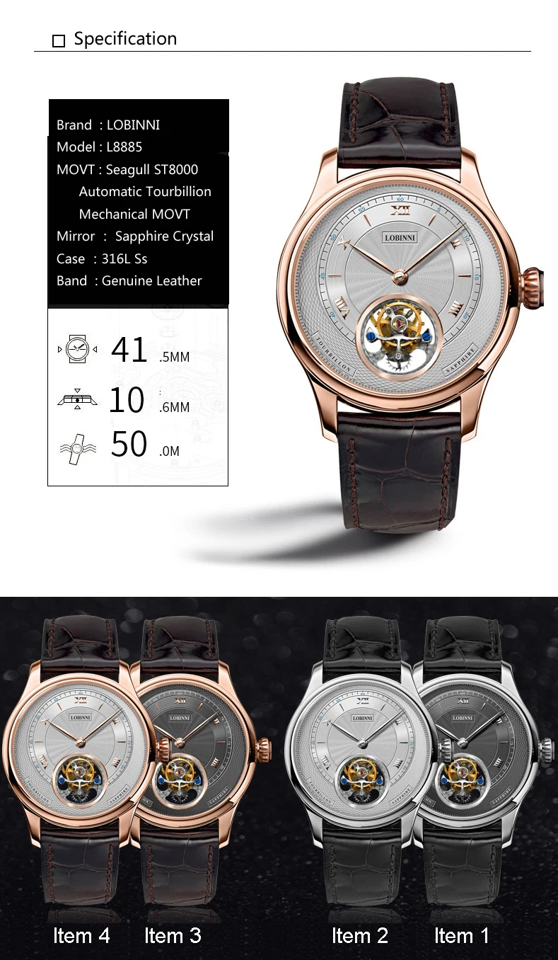 LOBINNI люксовый бренд часы для мужчин Швейцария Tourbillion механические мужские часы сапфир Водонепроницаемые часы энергетический дисплей L8886-8