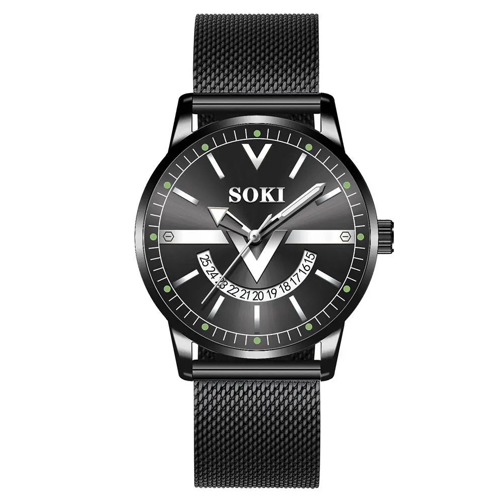 

SOKI new European and American hot style quartz fashion stainless steel wristband casual sports calendar high-end men's watch